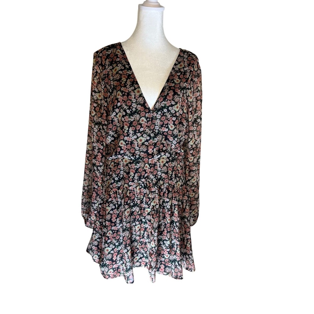 BARDOT BOHO SPRING Floral Print Long Sleeve Deep V Neck Mini Dress Women's XL